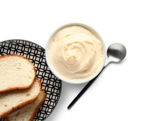 Bowl with tasty cream cheese on white background