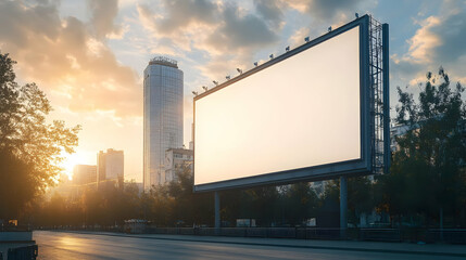 A blank billboard stands in an urban setting at sunset.