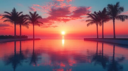 Obraz premium vibrant coastal sunset silhouetted palm trees gradient sky in coral and peach hues tranquil ocean reflections