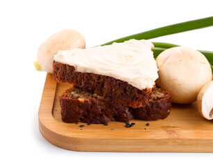 Wooden board of tasty sandwiches with cream cheese and mushrooms on white background