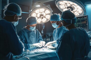 A team of surgeons collaborates on a critical surgical procedure in a sterile environment, ensuring patient safety and precision. Generative AI