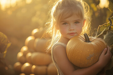 Young girl holding armful of pumpkins.