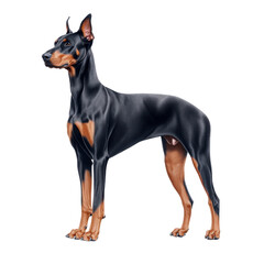 A black Doberman Pinscher stands tall and proud, showcasing its sleek muscular build and alert posture.