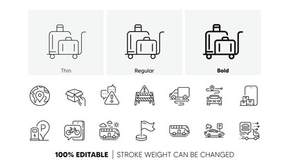 Pin, Food delivery and Warning road line icons. Pack of Milestone, Warning, Hold box icon. Luggage trolley, Online storage, Delivery route pictogram. Charging station, Parking security. Vector