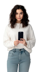 Fototapeta premium PNG Woman holding smartphone standing sweater sleeve.