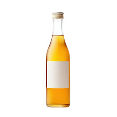A glass bottle filled with a golden liquid. The bottle has a blank label. It is isolated on a black background.