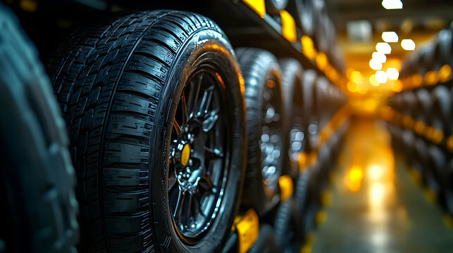 A close-up view of stacked tires in a warehouse setting.