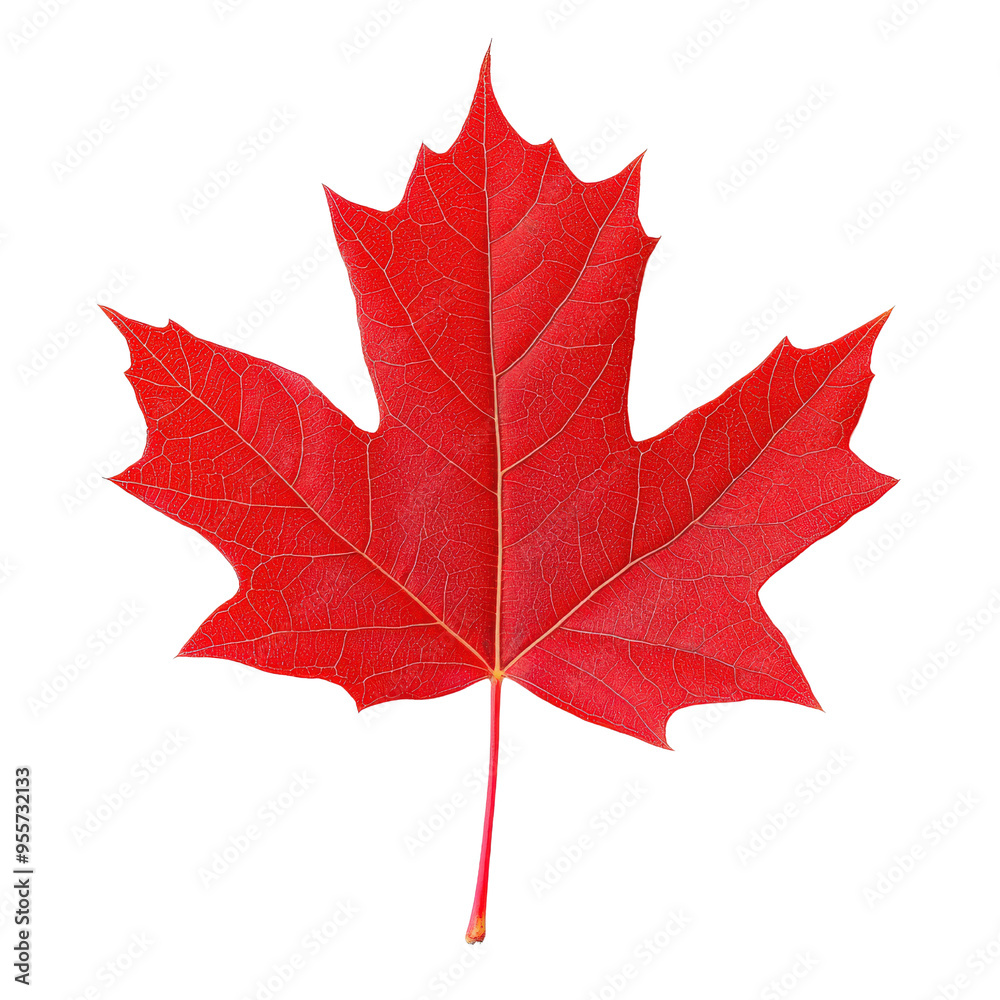 Wall mural a vibrant red maple leaf with intricate veins, isolated on a black background. perfect for fall, nat