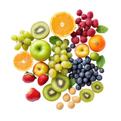 A vibrant assortment of fresh fruits, including grapes, apples, oranges, kiwi, blueberries, raspberries, and strawberries, arranged in a colorful and appetizing display.