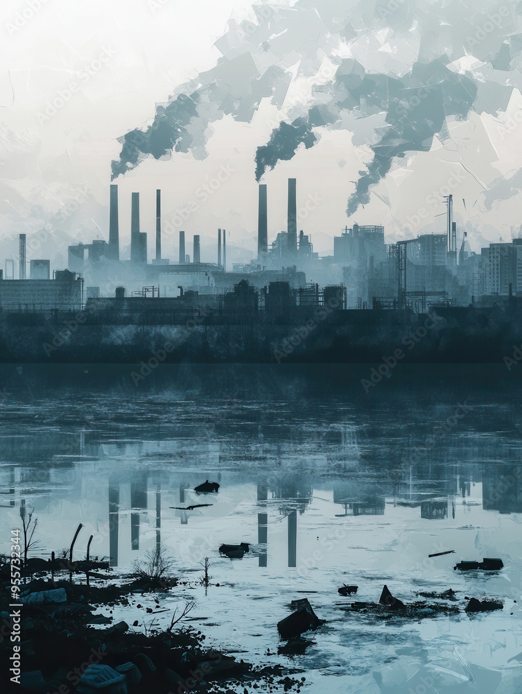 Poster smog hangs over a metropolis as factories emit smoke into the sky, while plastic floats on a pollute