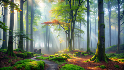 Obraz premium morning in the forestforest, trees, fog, mist, nature, tree, misty, sun, landscape, autumn, light, woods, path, wood, green, woodland, park, sunlight, morning, foggy, spring, foliage, branch, sunrise,