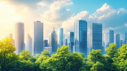 Obraz premium banner featuring contemporary business concept with tall glass office buildings, green trees, and urban skyline as backdrop