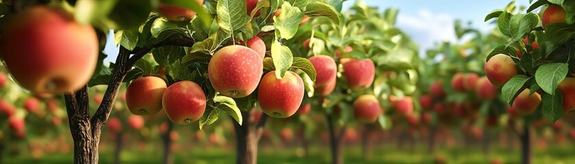Obraz premium Organic apple orchard, trees full of ripe apples, 3D illustration