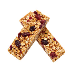Two granola bars with cranberries and oats, isolated on a black background.