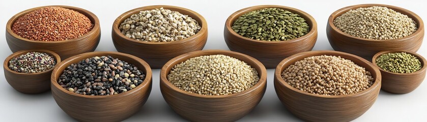Fototapeta premium Organic grains, assorted in wooden bowls, 3D illustration