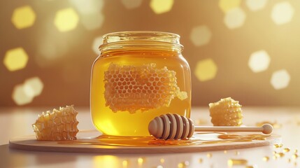 Organic honey jar, with honeycomb and dipper, 3D illustration