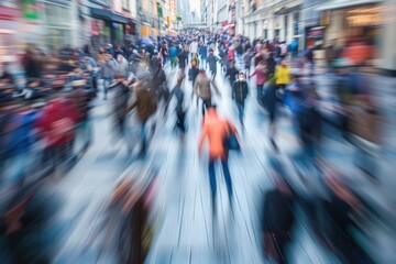 Fototapeta premium A blurry image of a crowded street with people walking and carrying bags, generative ai image