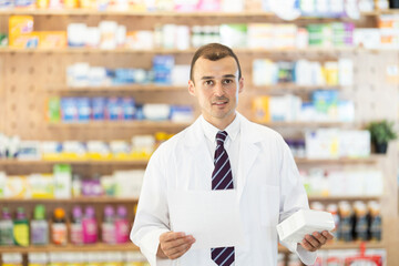 Fototapeta premium At pharmacy, male pharmacist received paper with medical appointment, reads document, remembers treatment regimen, thinks about selling suitable medicine