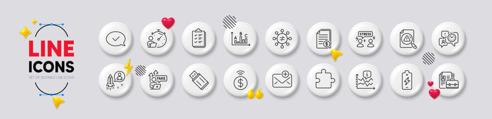 Discrimination, Fake internet and Time management line icons. White buttons 3d icons. Pack of Startup, Timer, Approved message icon. Difficult stress, Checklist, Usb flash pictogram. Vector