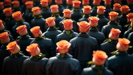 A crowd of people in black jackets, with orange roses instead of heads.