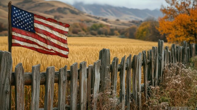 weathered american flag gently waving in breeze draped over rustic wooden fence with golden wheat field in background