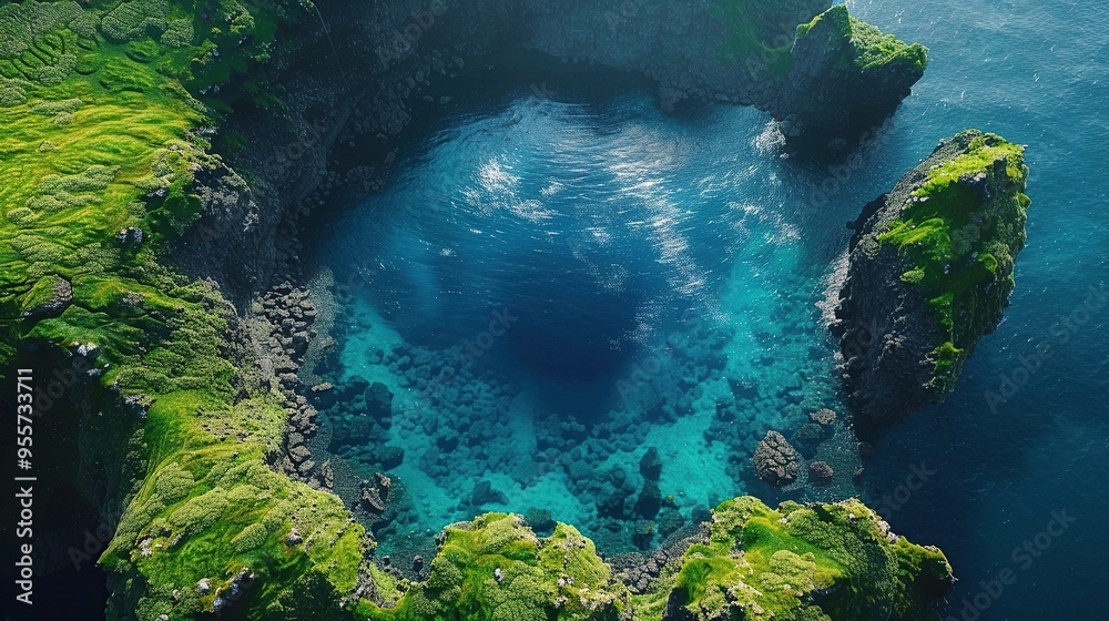 Canvas Prints Aerial View of a Hidden Lagoon in a Lush Green Island