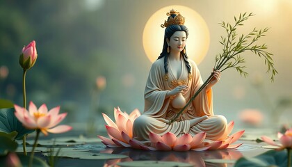 An elegant Asian woman gracefully seated on a lotus flower, embodying tranquility and wisdom amidst a serene landscape.