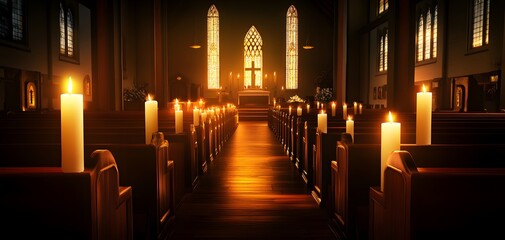 A serene interior of a church illuminated by candlelight, highlighting the peaceful atmosphere and stunning architectural details.