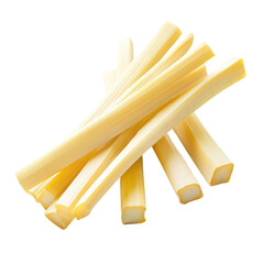 Close-up image of fresh bamboo shoots cut into sticks, isolated on a white background. Perfect for food and natural ingredient concepts.