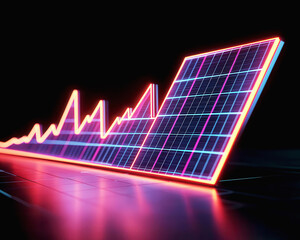 Fototapeta premium Abstract digital rendering of a solar panel array with a dynamic rising graph, solar panel, rise, graph, renewable energy growth, futuristic visualization