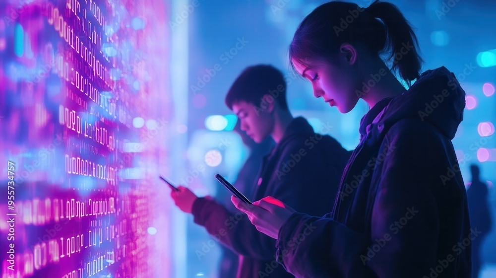 Aufkleber individuals with bowed heads engage with their smartphones amidst a vibrant display of digital numbe
