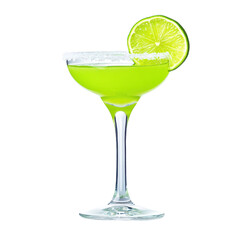 Refreshing margarita cocktail with a bright green color, garnished with a salt rim and a slice of lime, isolated on a white background.