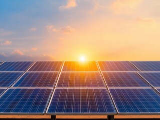 Solar farm at sunrise, with a graph showing rising solar adoption rates in the background, solar panel, rise, graph, morning light, renewable trends