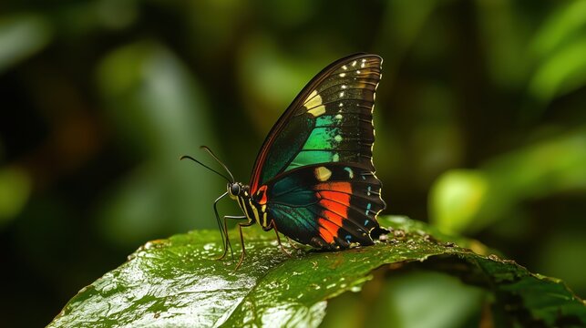 A colorful butterfly is perched on a leaf. The butterfly is multicolored and has a black and red pattern on its wings. The leaf is green and has a few drops of water on it. The scene is peaceful