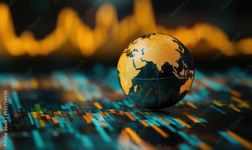 Aufkleber a globe is placed on a computer screen with a lot of numbers and lines. the globe is surrounded by a