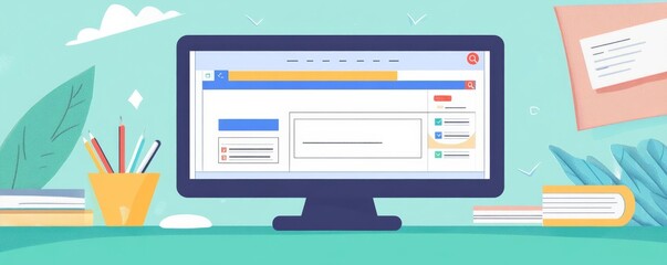 An illustration of a computer screen with a search engine interface and result snippets, featuring a spacious area in the upper left for text