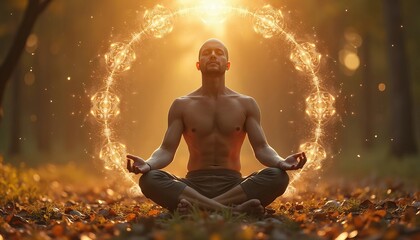 Obraz premium A serene male meditator of Caucasian descent sits cross-legged in the woods, surrounded by a glowing energy circle.