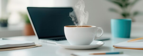 Virtual coffee break with a laptop on a cluttered desk, surrounded by notes and a steaming cup of coffee, virtual coffee break, informal, work-from-home, casual setup