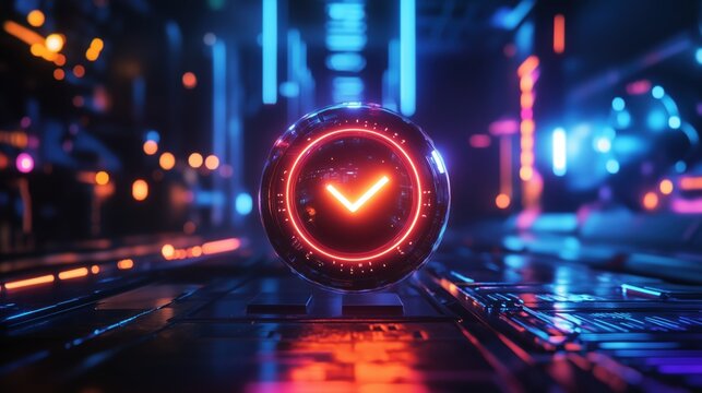 A glowing red and orange circle with a check mark in the middle. The circle is surrounded by a dark background with neon lights. The image conveys a futuristic, high-tech atmosphere