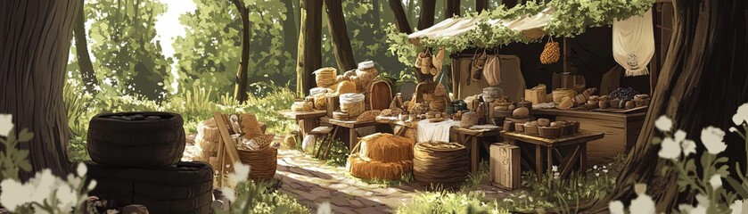 An illustrated scene of a market in a tranquil woodland, with natural materials and artisan products on display