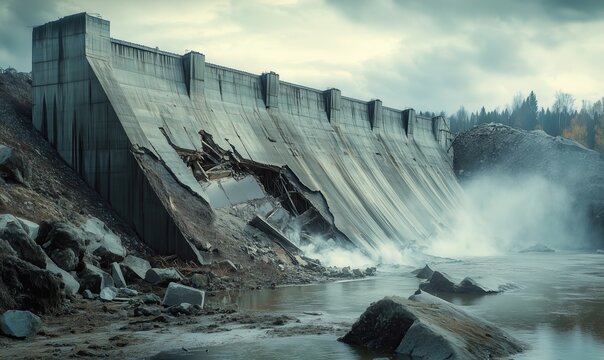 A large dam has been destroyed, and the water is rushing out of the broken dam. The scene is chaotic and dangerous, with debris and rocks scattered throughout the area. Scene is one of destruction