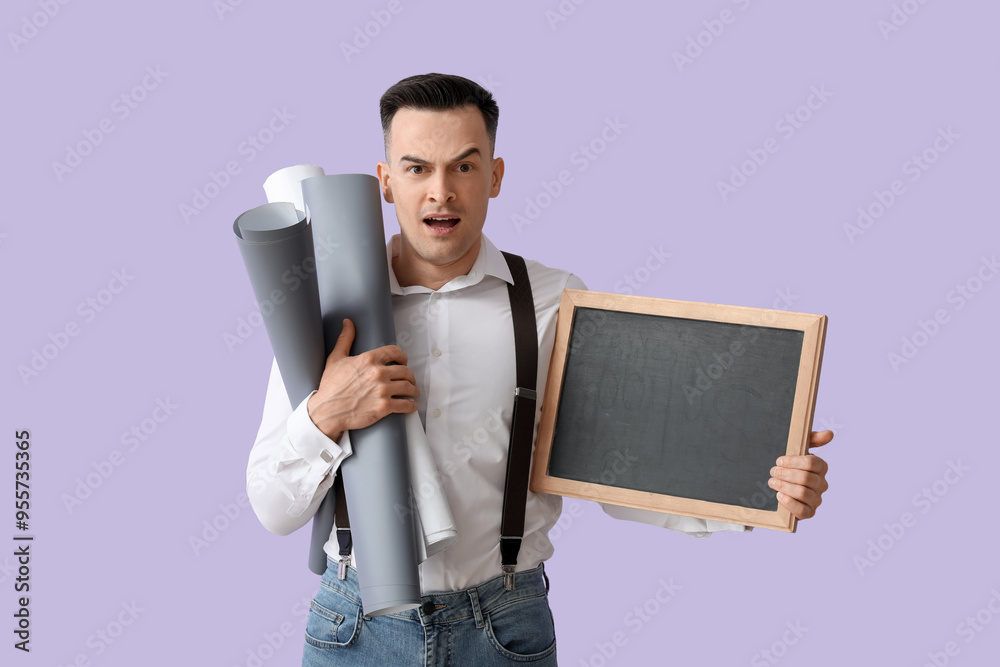 Poster stressed male teacher with chalkboard and rolls of paper on lilac background