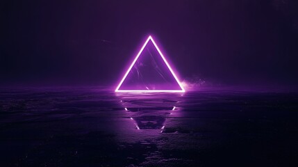 A purple triangle is lit up in the dark. The image has a futuristic and mysterious vibe. The purple color of the triangle and the dark background create a sense of depth and intrigue