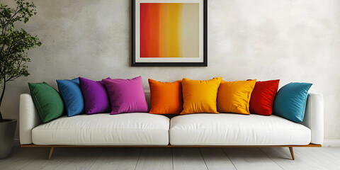 sofa and colorful pillows, ai generated.