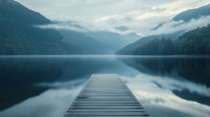 A wooden pier sits in front of a lake, with the water reflecting the sky and mountains in the...