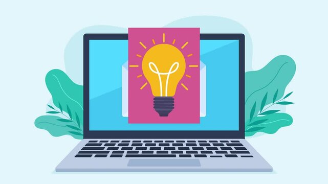 The envelope opens on the laptop screen. A document with an animated light bulb slides out of the envelope. Flat design animation.