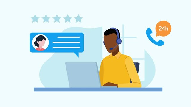 Customer conversation with technical support employee. After the conversation, the customer gives 5 stars of satisfaction. Flat design style animation.