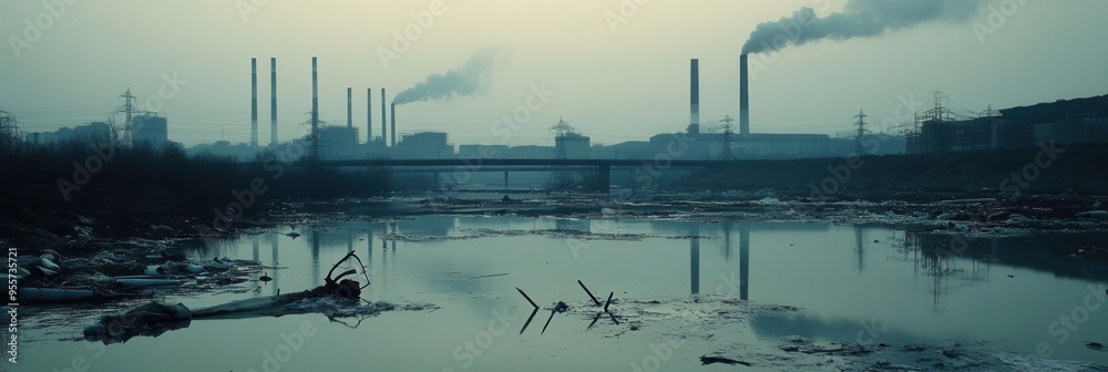 Poster thick smog hangs over a metropolitan area, with factory silhouettes and a river polluted by floating