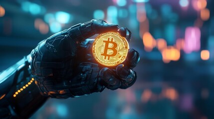Enjoying the future of money, holding cryptocurrency, futuristic world, 3D illustration