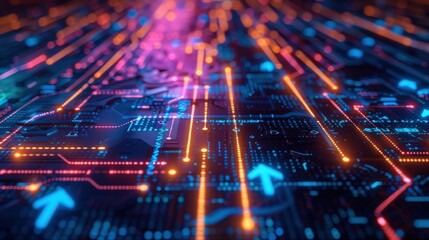 Colorful arrows on a glowing circuit board depicting advanced technology and data transfer in a high-tech digital world. High-resolution image..
